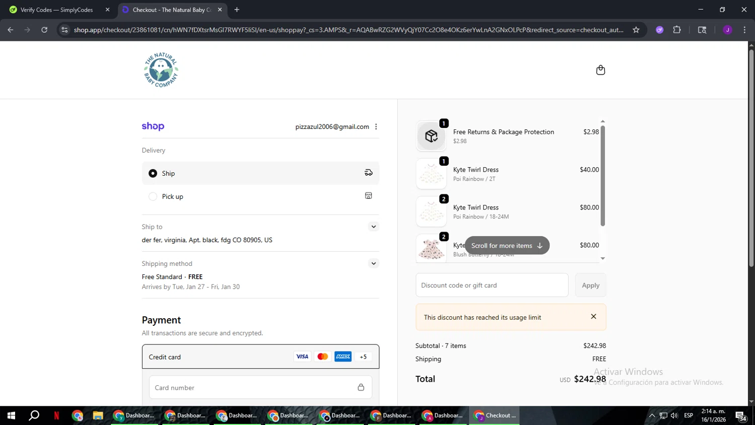 The Natural Baby Company coupon code screenshot showing code ADBFQ applied at The Natural Baby Company checkout page. Uploaded by SimplyCodes community member ComeBurra123 on Jan 16, 2026