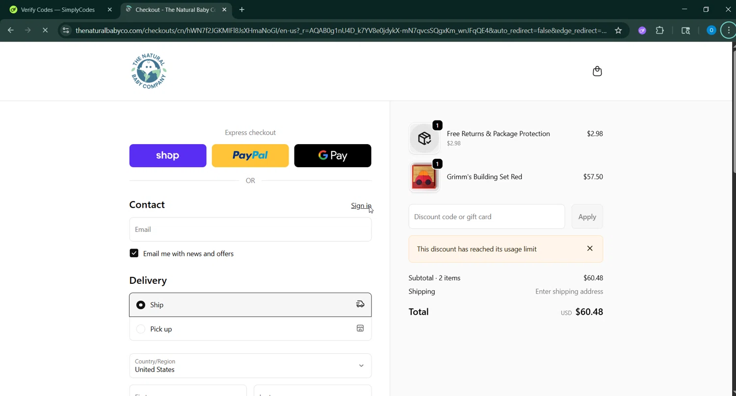 The Natural Baby Company coupon code screenshot showing code ADBFQ applied at The Natural Baby Company checkout page. Uploaded by SimplyCodes community member GoldChaser6627 on Jan 16, 2026