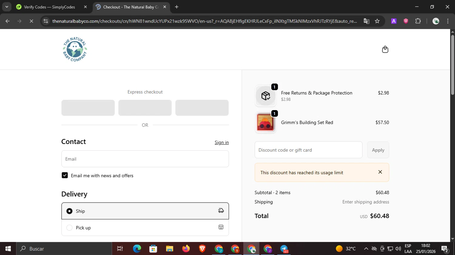 The Natural Baby Company coupon code screenshot showing code ADBFI applied at The Natural Baby Company checkout page. Uploaded by SimplyCodes community member underwater on Jan 25, 2026