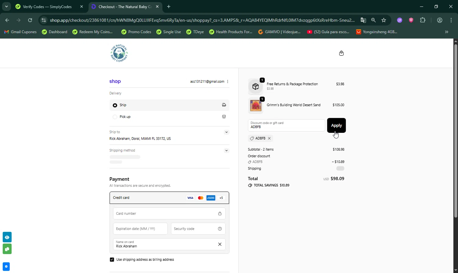 The Natural Baby Company checkout page showing The Natural Baby Company coupon code box | Screenshot taken by SimplyCodes community member on Feb 3, 2026