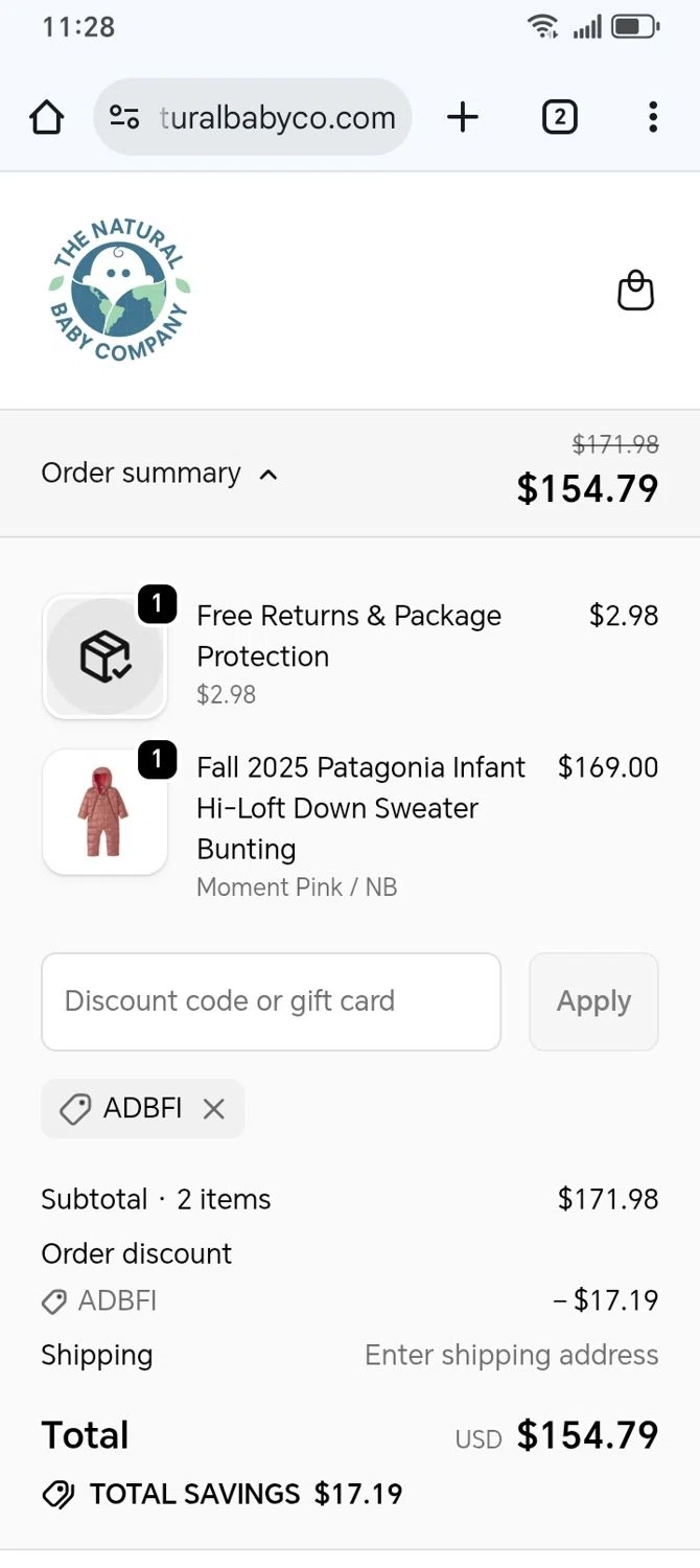 The Natural Baby Company coupon code screenshot showing code ADBFI applied at The Natural Baby Company checkout page. Uploaded by SimplyCodes community member franksanchez on Jan 20, 2026