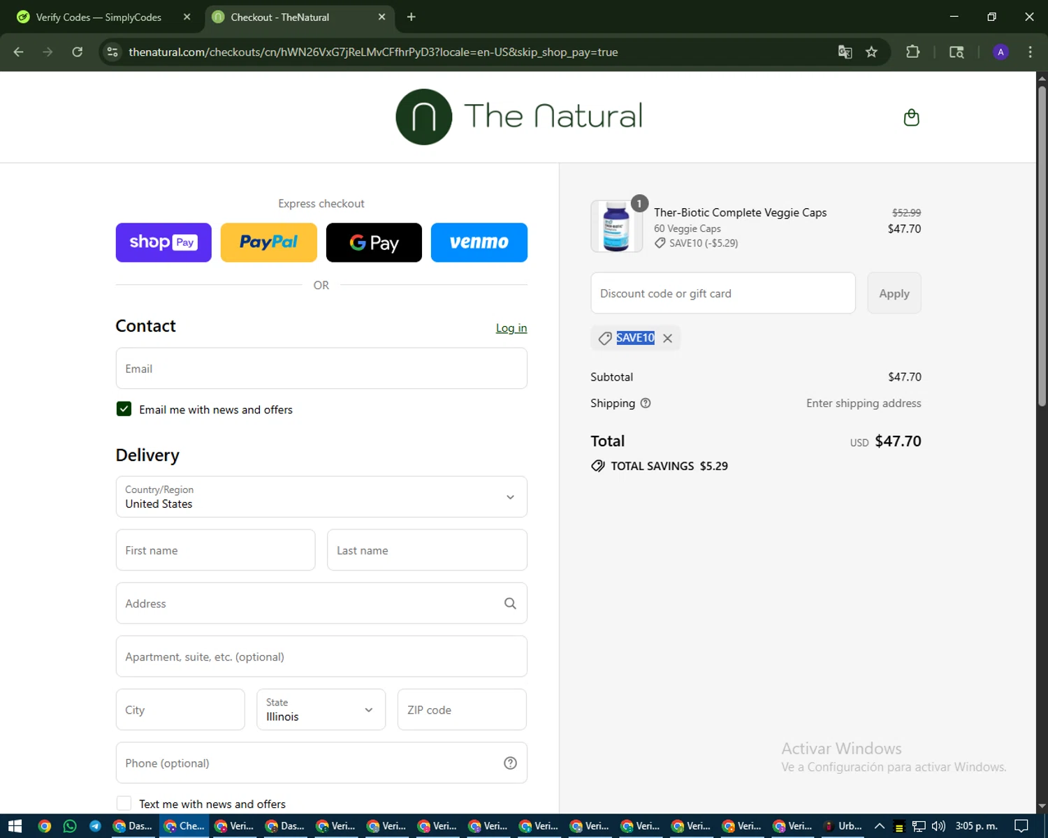The Natural promo code screenshot showing code SAVE10 applied at The Natural checkout page. Uploaded by SimplyCodes community member MagnificentWarden4603 on Aug 22, 2025