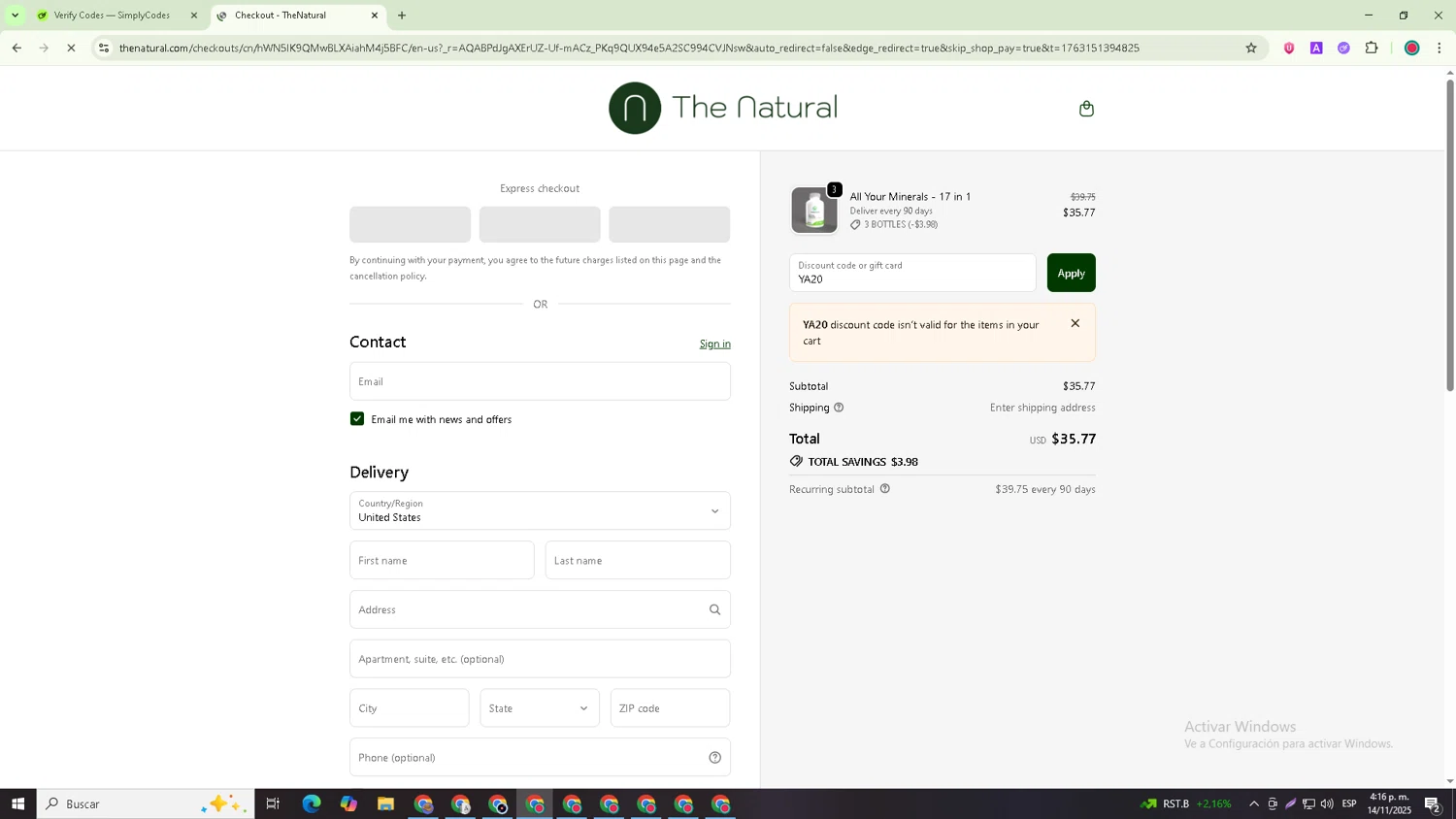 The Natural promo code screenshot showing code YA20 applied at The Natural checkout page. Uploaded by SimplyCodes community member Joseph_Davis on Nov 14, 2025