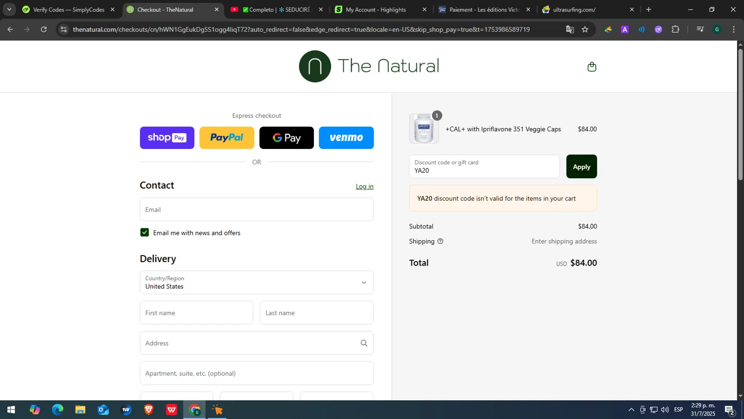 The Natural promo code screenshot showing code YA20 applied at The Natural checkout page. Uploaded by SimplyCodes community member yasabesssss on Jul 31, 2025