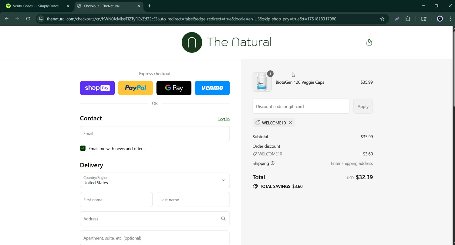 The Natural promo code screenshot showing code WELCOME10 applied at The Natural checkout page. Uploaded by SimplyCodes community member Bernard_Lowe on Jul 6, 2025