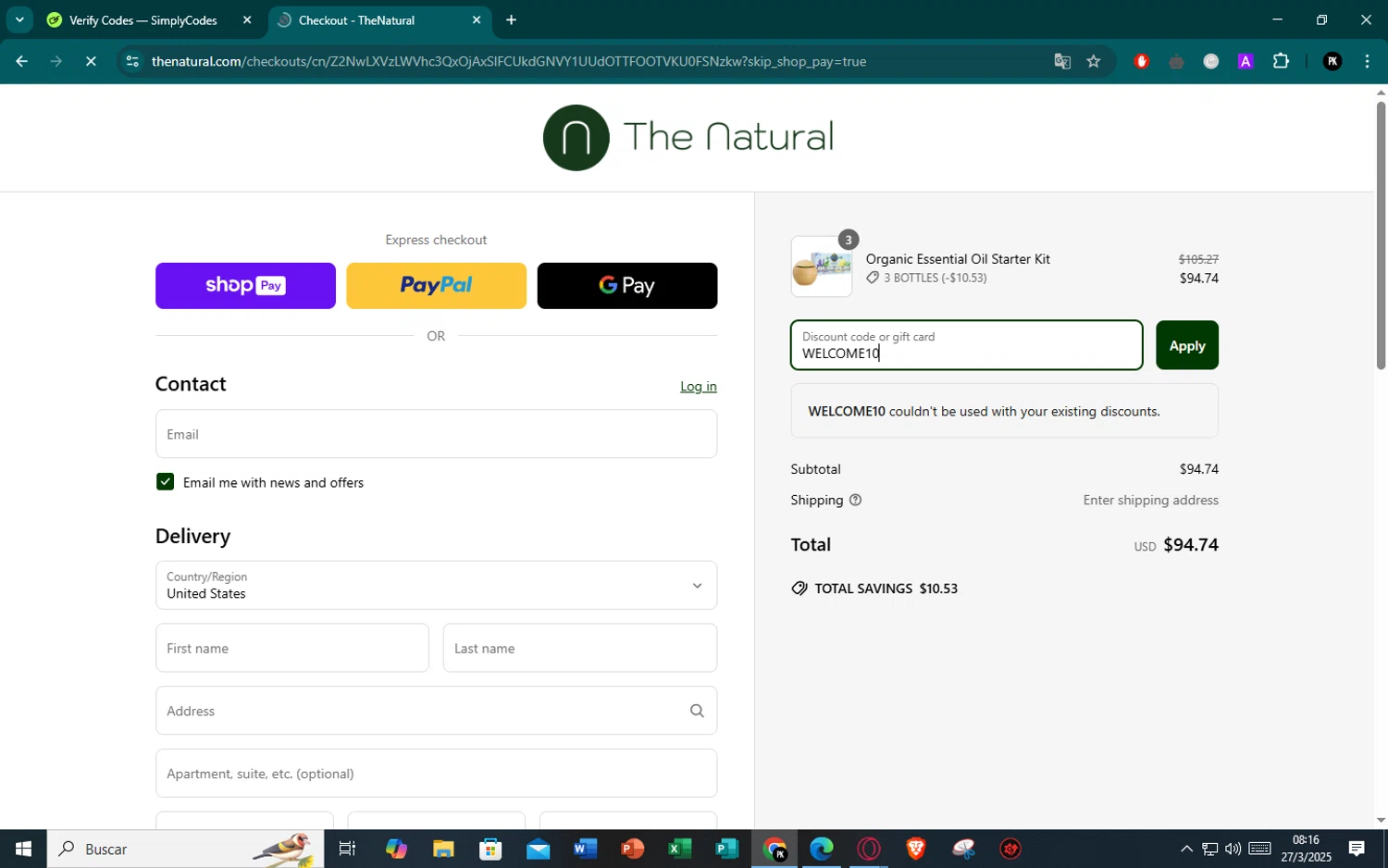 The Natural promo code screenshot showing code WELCOME10 applied at The Natural checkout page. Uploaded by SimplyCodes community member CristianoRonaldoDosSantos on Mar 27, 2025