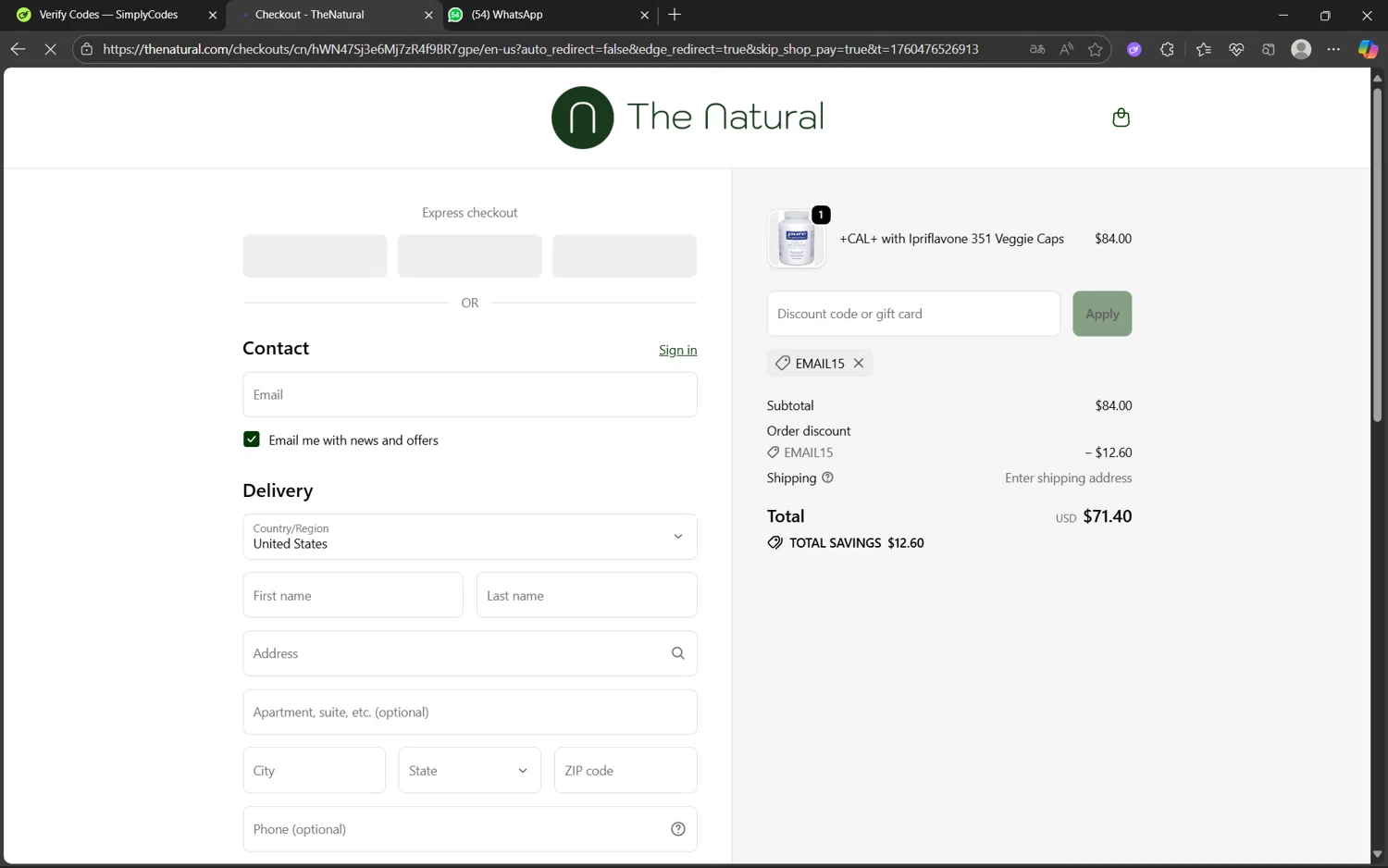 The Natural promo code screenshot showing code EMAIL15 applied at The Natural checkout page. Uploaded by SimplyCodes community member juanx1702 on Oct 14, 2025