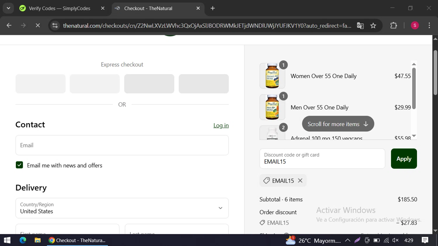 The Natural promo code screenshot showing code EMAIL15 applied at The Natural checkout page. Uploaded by SimplyCodes community member swiftie on Apr 8, 2025