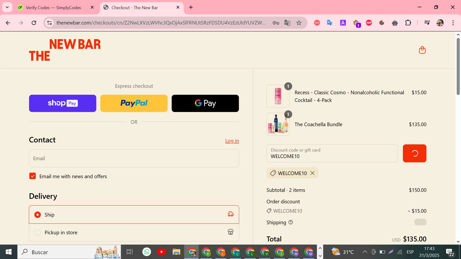 The New Bar promo code screenshot showing code WELCOME10 applied at The New Bar checkout page. Uploaded by SimplyCodes community member Susejprimera on Mar 31, 2025