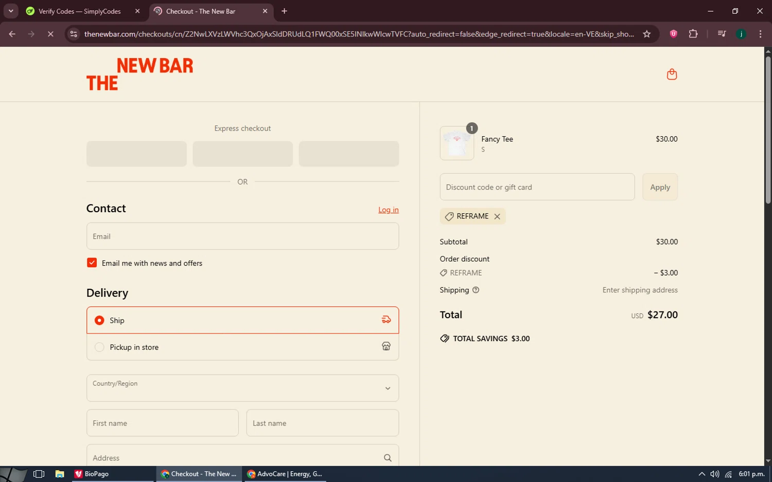 The New Bar promo code screenshot showing code REFRAME applied at The New Bar checkout page. Uploaded by SimplyCodes community member MoneySpotter5416 on May 28, 2025
