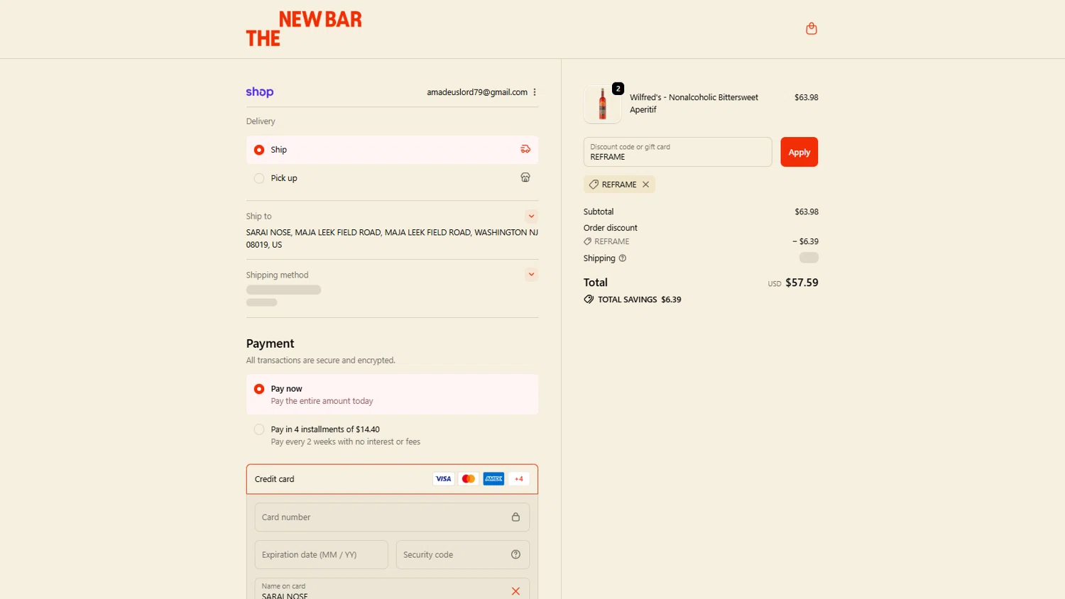 The New Bar promo code screenshot showing code REFRAME applied at The New Bar checkout page. Uploaded by SimplyCodes community member PANDITA on Oct 11, 2025