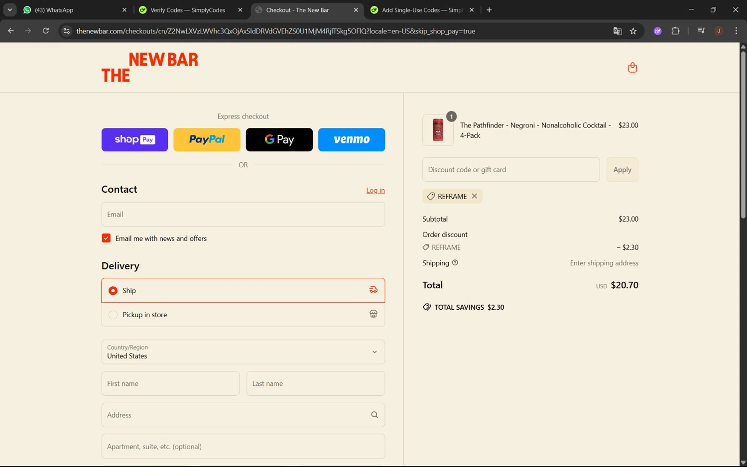 The New Bar promo code screenshot showing code REFRAME applied at The New Bar checkout page. Uploaded by SimplyCodes community member juanx1702 on May 28, 2025