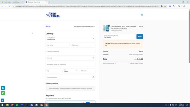 The New Primal checkout page showing The New Primal discount code box | Screenshot taken by SimplyCodes community member on Sep 11, 2025