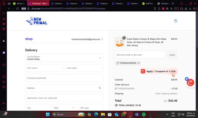 The New Primal checkout page showing The New Primal discount code box | Screenshot taken by SimplyCodes community member on Sep 11, 2025