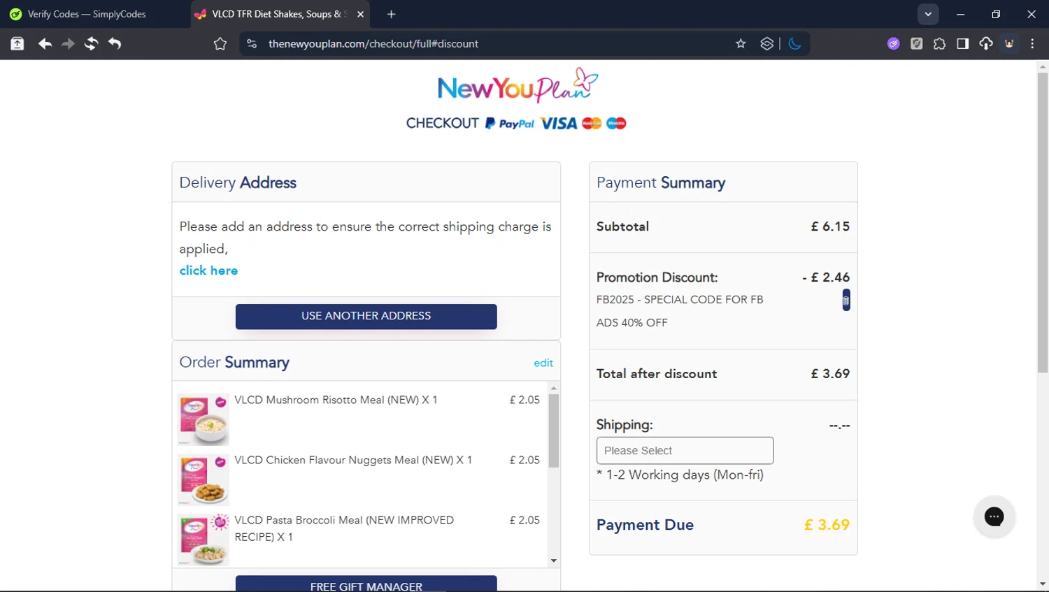 The New You Plan discount code screenshot showing code FB2025 applied at The New You Plan checkout page. Uploaded by SimplyCodes community member USER_RANDON on Jan 28, 2026