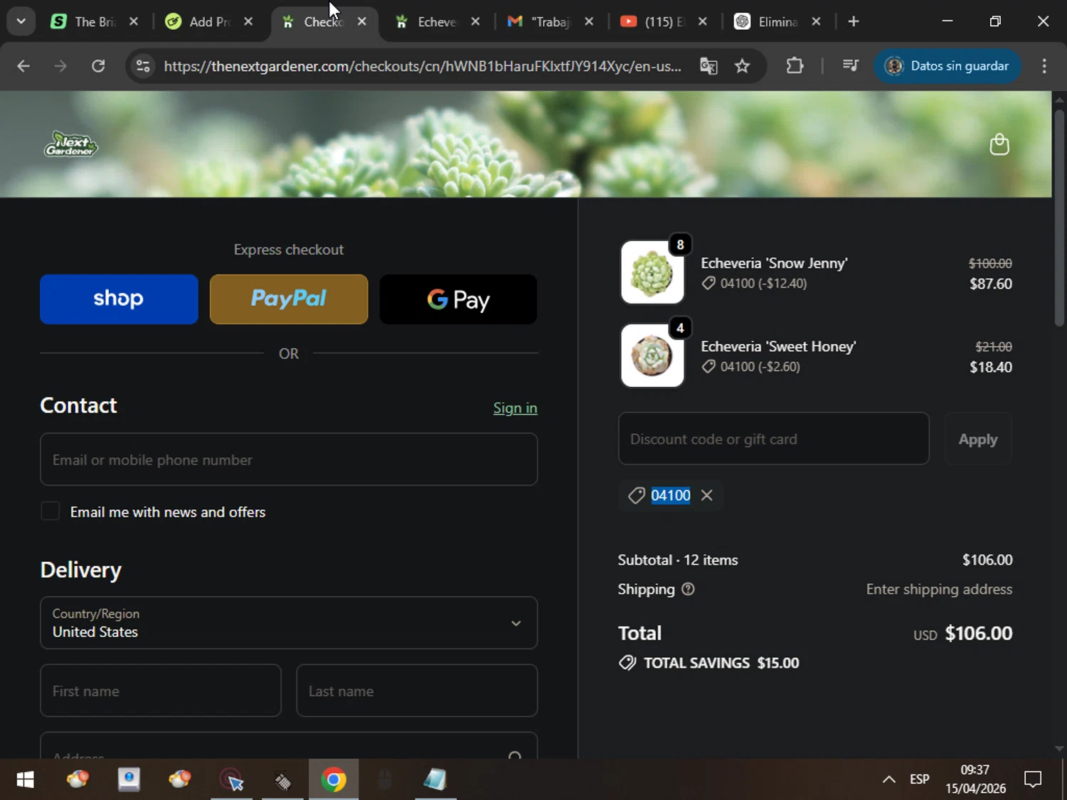 The Next Gardener promo code screenshot showing code 04100 applied at The Next Gardener checkout page. Uploaded by SimplyCodes community member MarcosAranguren on Apr 15, 2026