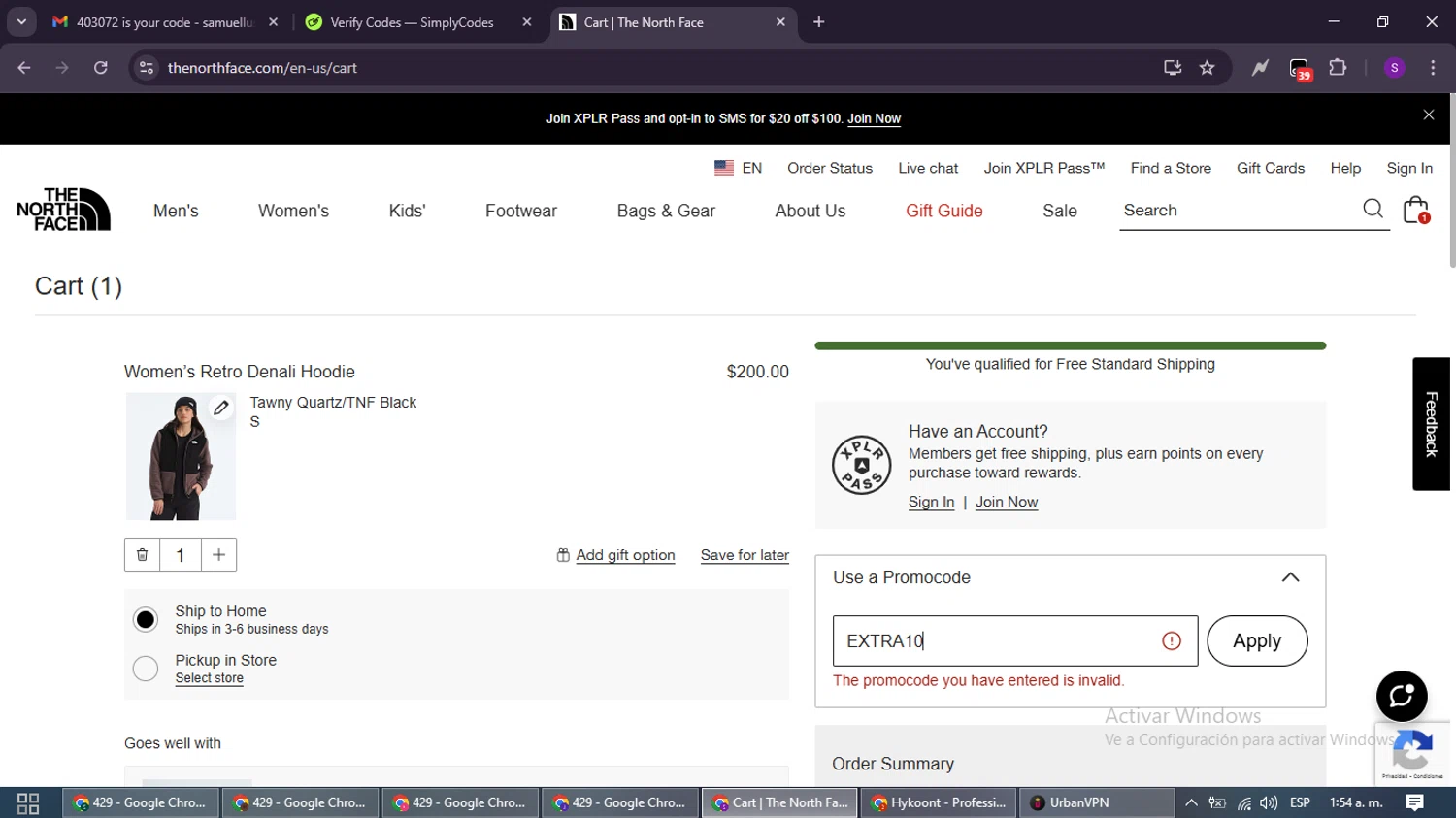 The North Face promo code screenshot showing code EXTRA10 applied at The North Face checkout page. Uploaded by SimplyCodes community member ShieldWarden7838 on Nov 9, 2025