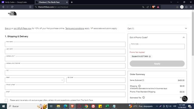 The North Face checkout page showing The North Face promo code box | Screenshot taken by SimplyCodes community member on Dec 30, 2023