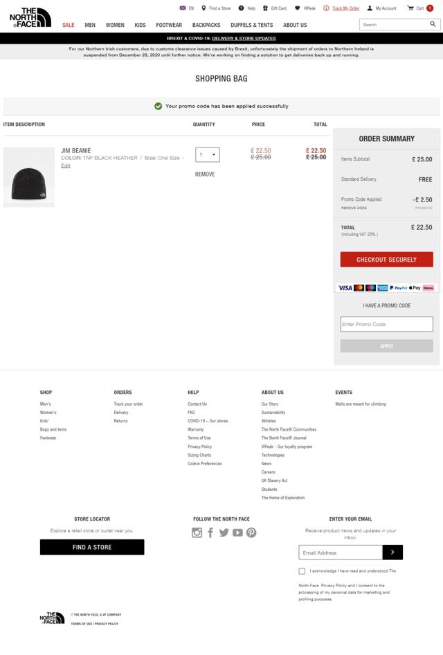 The North Face checkout page showing The North Face promo code box | Screenshot taken by SimplyCodes community member on Feb 26, 2021
