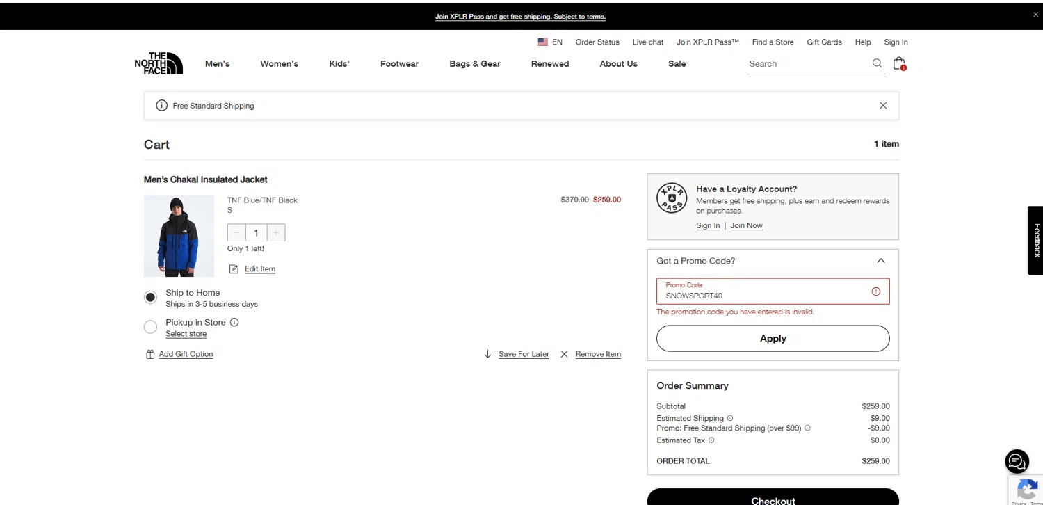 The North Face promo code screenshot showing code SNOWSPORT40 applied at The North Face checkout page. Uploaded by SimplyCodes community member suppahdealz on Feb 26, 2025