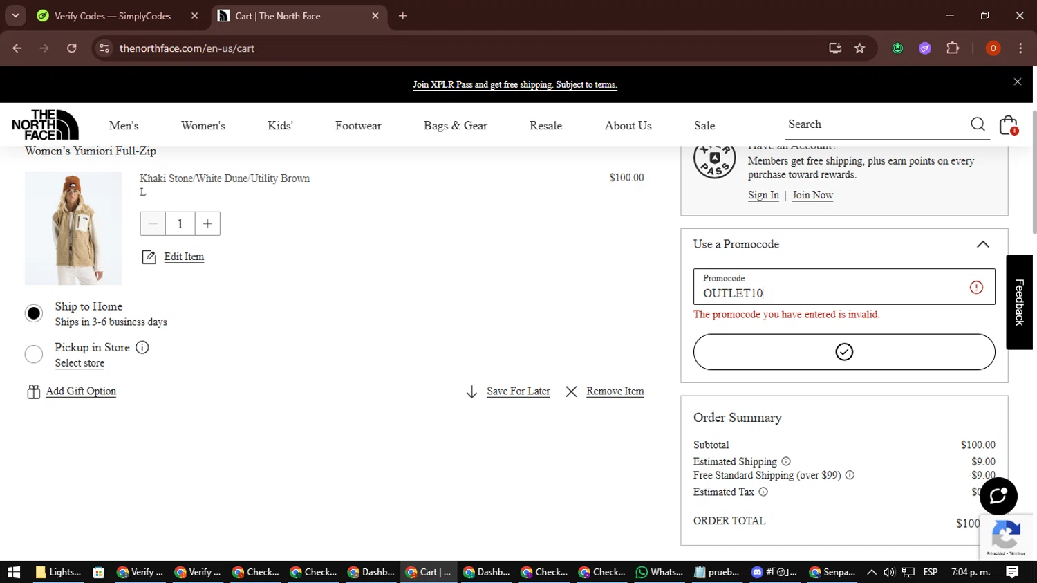 The North Face promo code screenshot showing code OUTLET10 applied at The North Face checkout page. Uploaded by SimplyCodes community member CleverSpotter3730 on Sep 17, 2025
