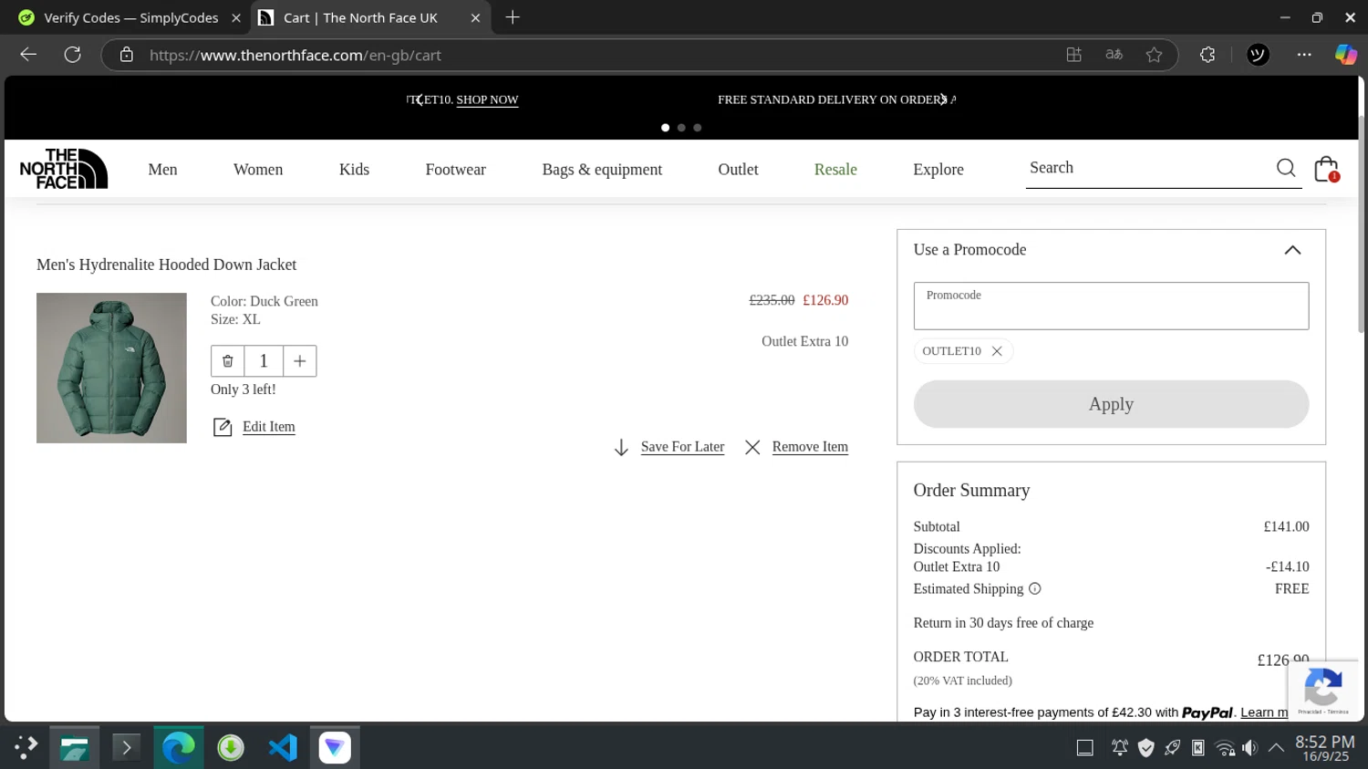 The North Face checkout page showing The North Face promo code box | Screenshot taken by SimplyCodes community member on Sep 17, 2025
