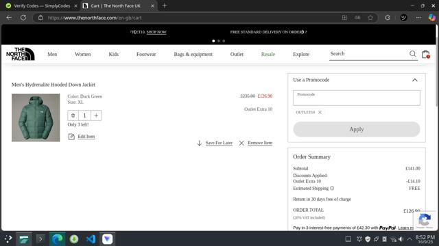 The North Face checkout page showing The North Face promo code box | Screenshot taken by SimplyCodes community member on Sep 17, 2025