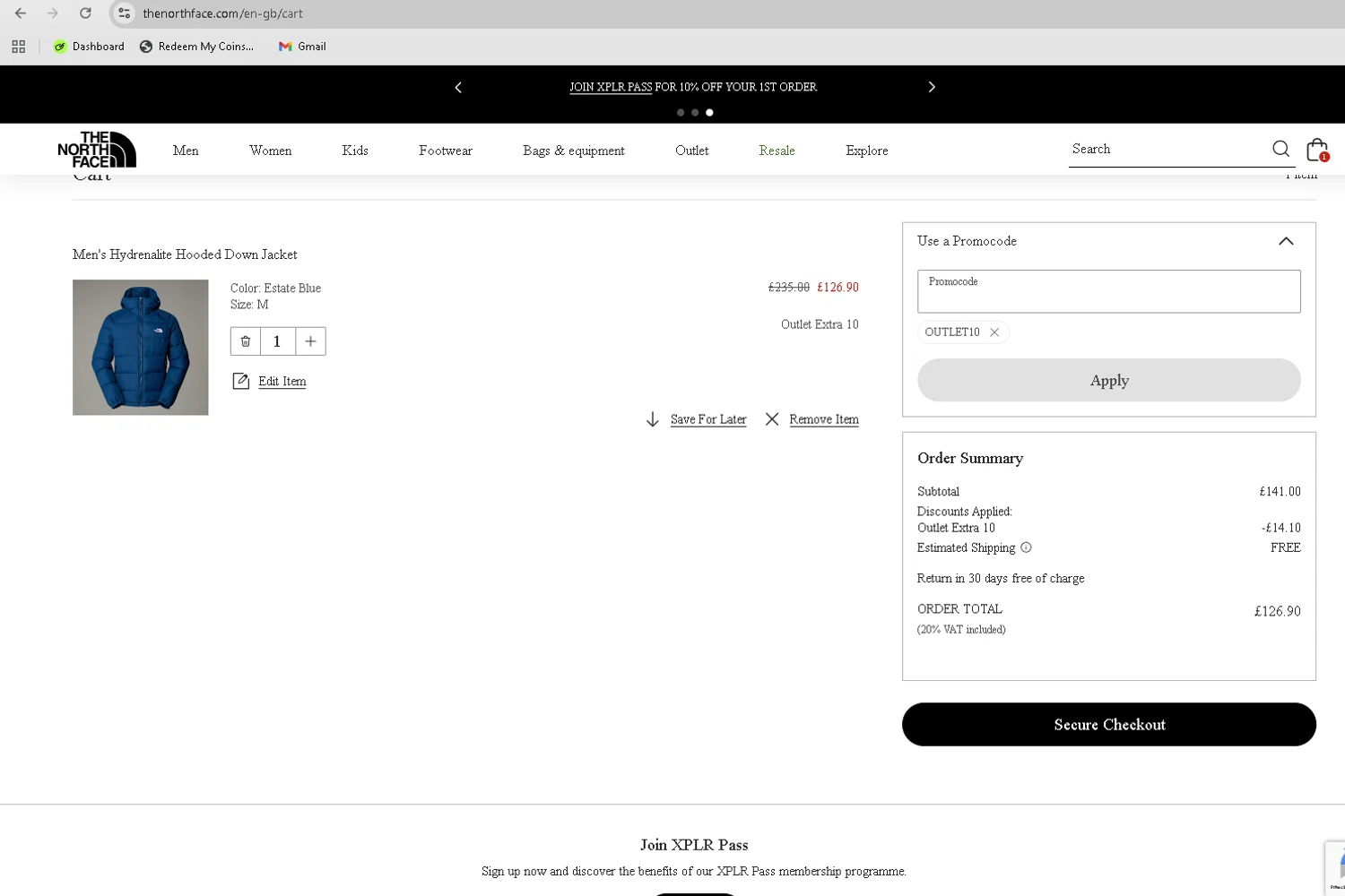 The North Face promo code screenshot showing code OUTLET10 applied at The North Face checkout page. Uploaded by SimplyCodes community member Turiderss on Sep 17, 2025