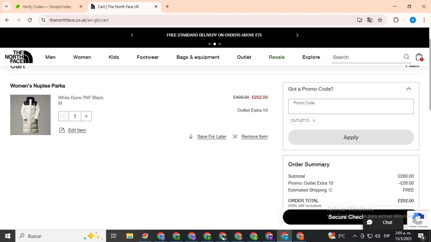 The North Face checkout page showing The North Face promo code box | Screenshot taken by SimplyCodes community member on Mar 15, 2025