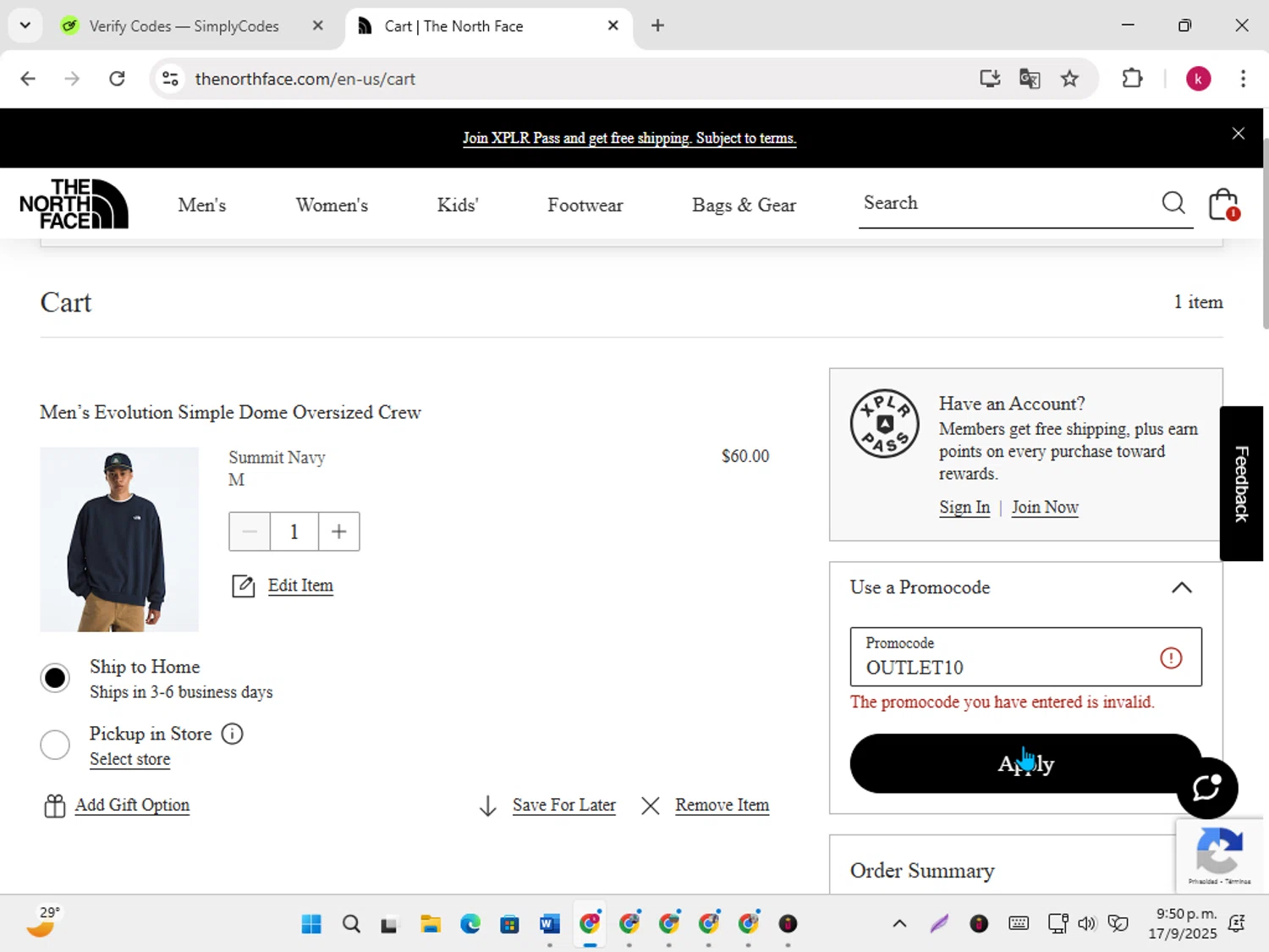 The North Face promo code screenshot showing code OUTLET10 applied at The North Face checkout page. Uploaded by SimplyCodes community member karoline on Sep 18, 2025