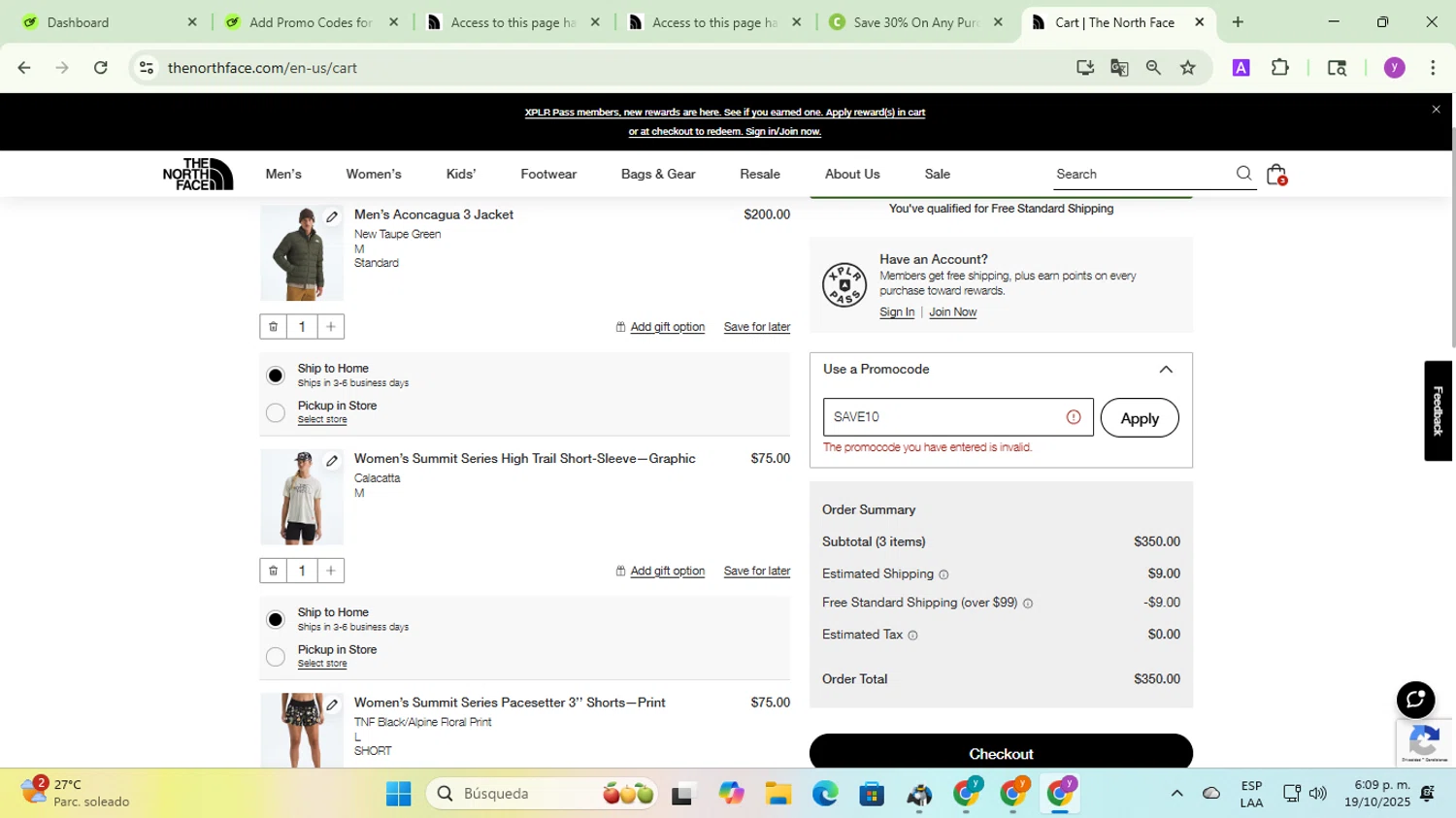 The North Face promo code screenshot showing code SAVE10 applied at The North Face checkout page. Uploaded by SimplyCodes community member yadicg054 on Oct 19, 2025