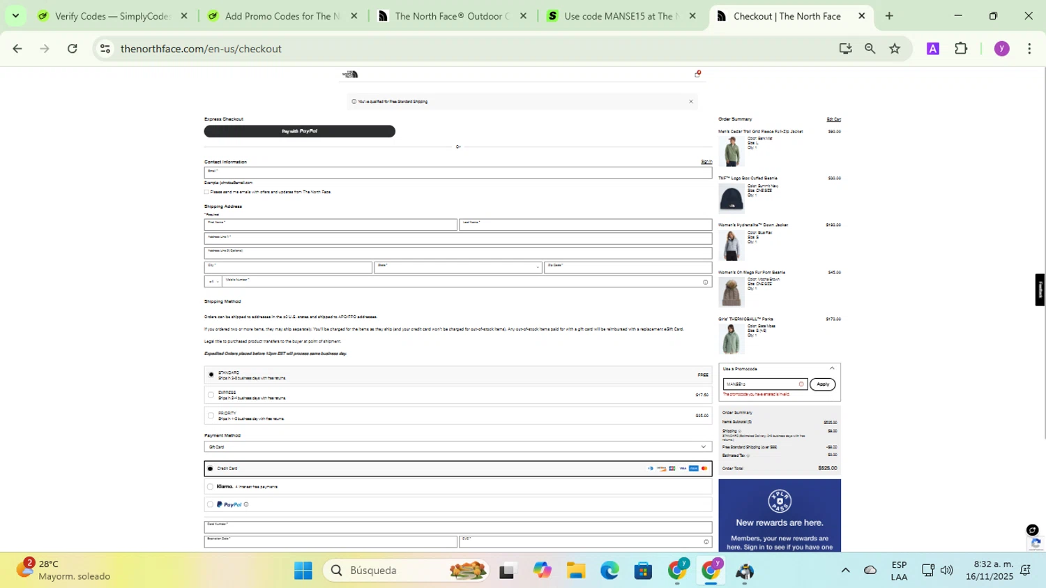 The North Face promo code screenshot showing code MANSE15 applied at The North Face checkout page. Uploaded by SimplyCodes community member yadicg054 on Nov 16, 2025