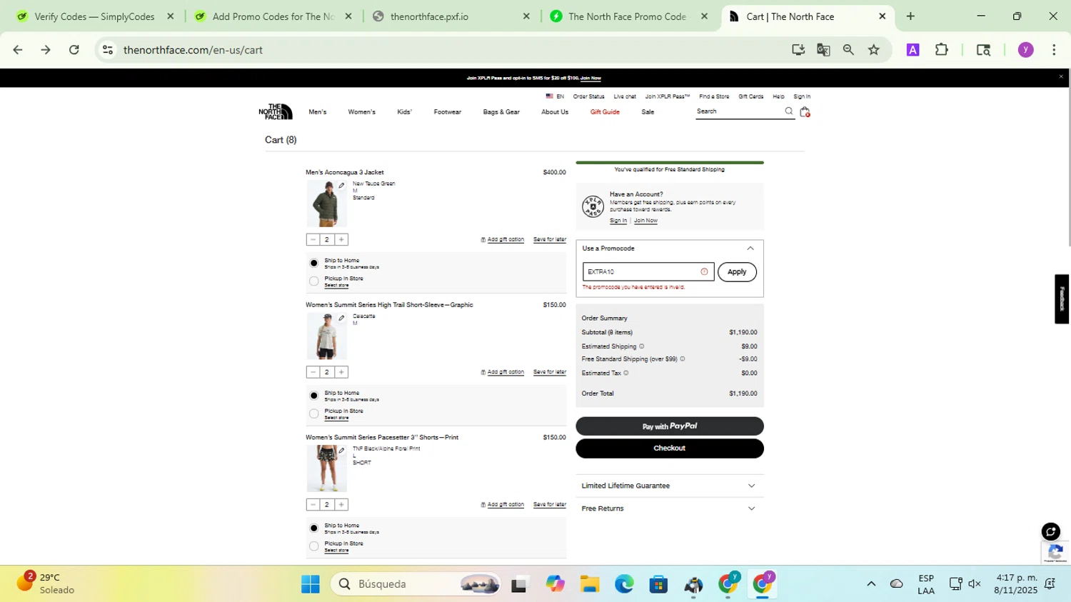 The North Face promo code screenshot showing code EXTRA10 applied at The North Face checkout page. Uploaded by SimplyCodes community member yadicg054 on Nov 8, 2025