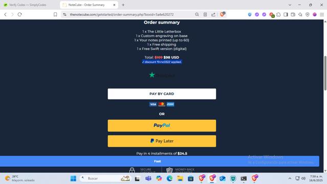 NoteCube checkout page showing NoteCube promo code box | Screenshot taken by SimplyCodes community member on Jun 16, 2025
