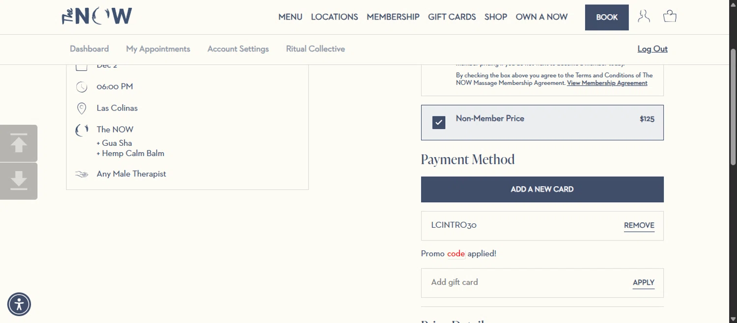 The Now Massage promo code screenshot showing code LCINTRO30 applied at The Now Massage checkout page. Uploaded by SimplyCodes community member 111111 on Dec 2, 2025