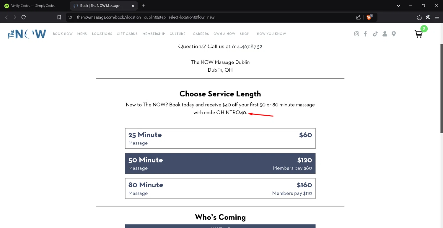 The Now Massage checkout page showing The Now Massage promo code box | Screenshot taken by SimplyCodes community member on Dec 18, 2024