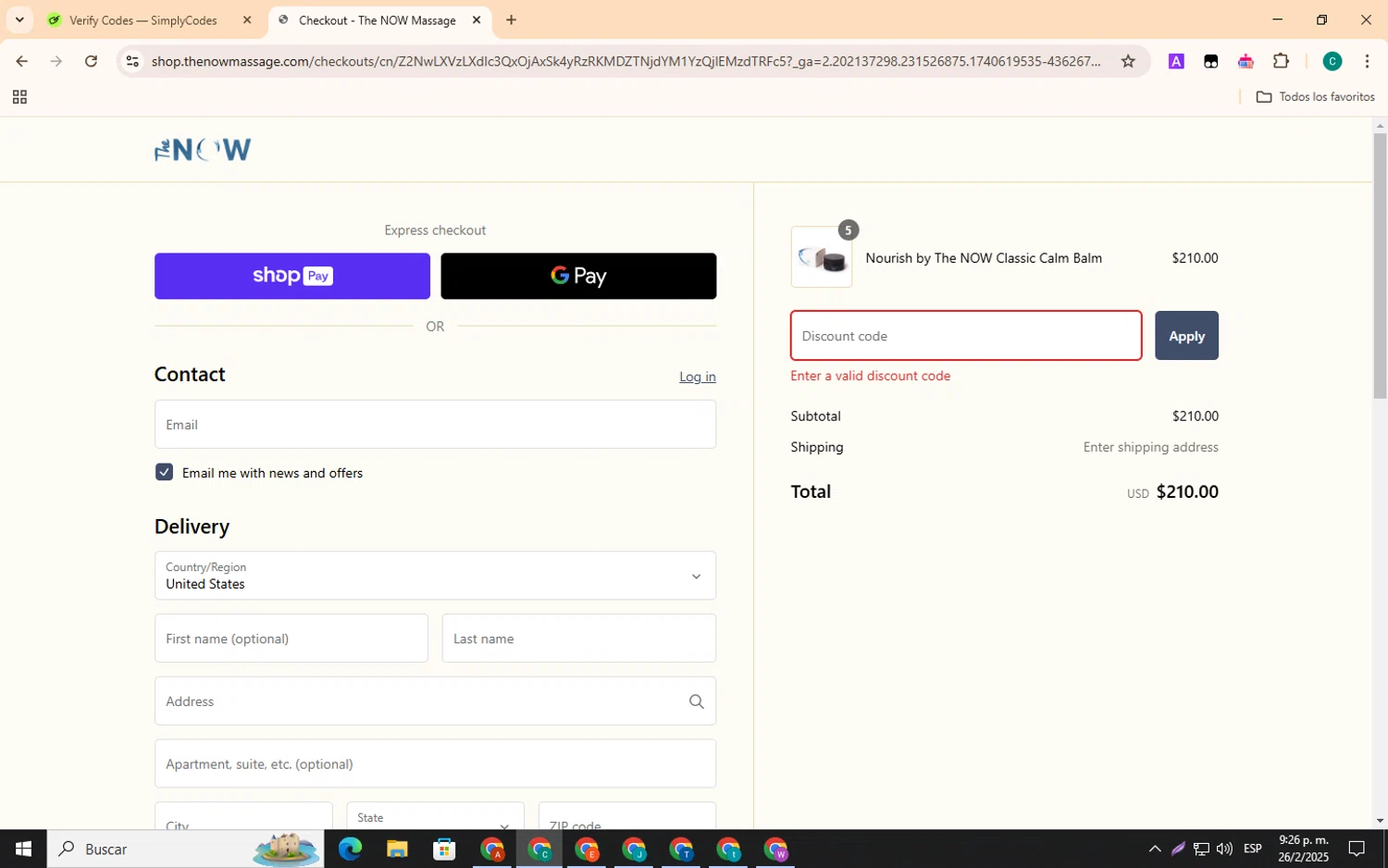 The Now Massage promo code screenshot showing code SLINTRO30 applied at The Now Massage checkout page. Uploaded by SimplyCodes community member EpicSpotter3493 on Feb 27, 2025