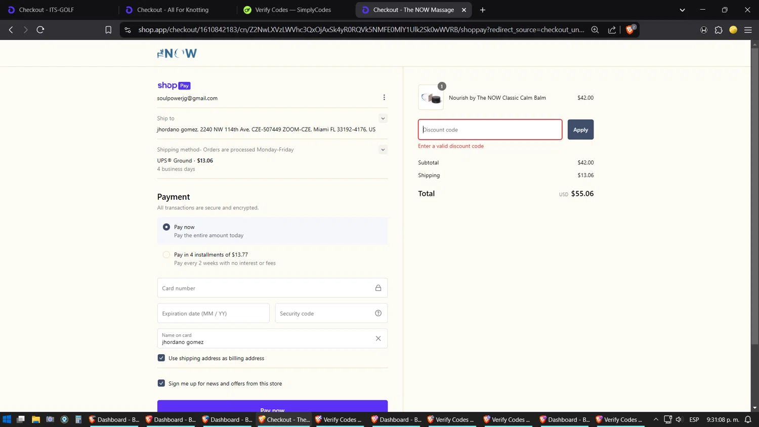 The Now Massage promo code screenshot showing code SLINTRO30 applied at The Now Massage checkout page. Uploaded by SimplyCodes community member ZoilaPerrita on Feb 27, 2025