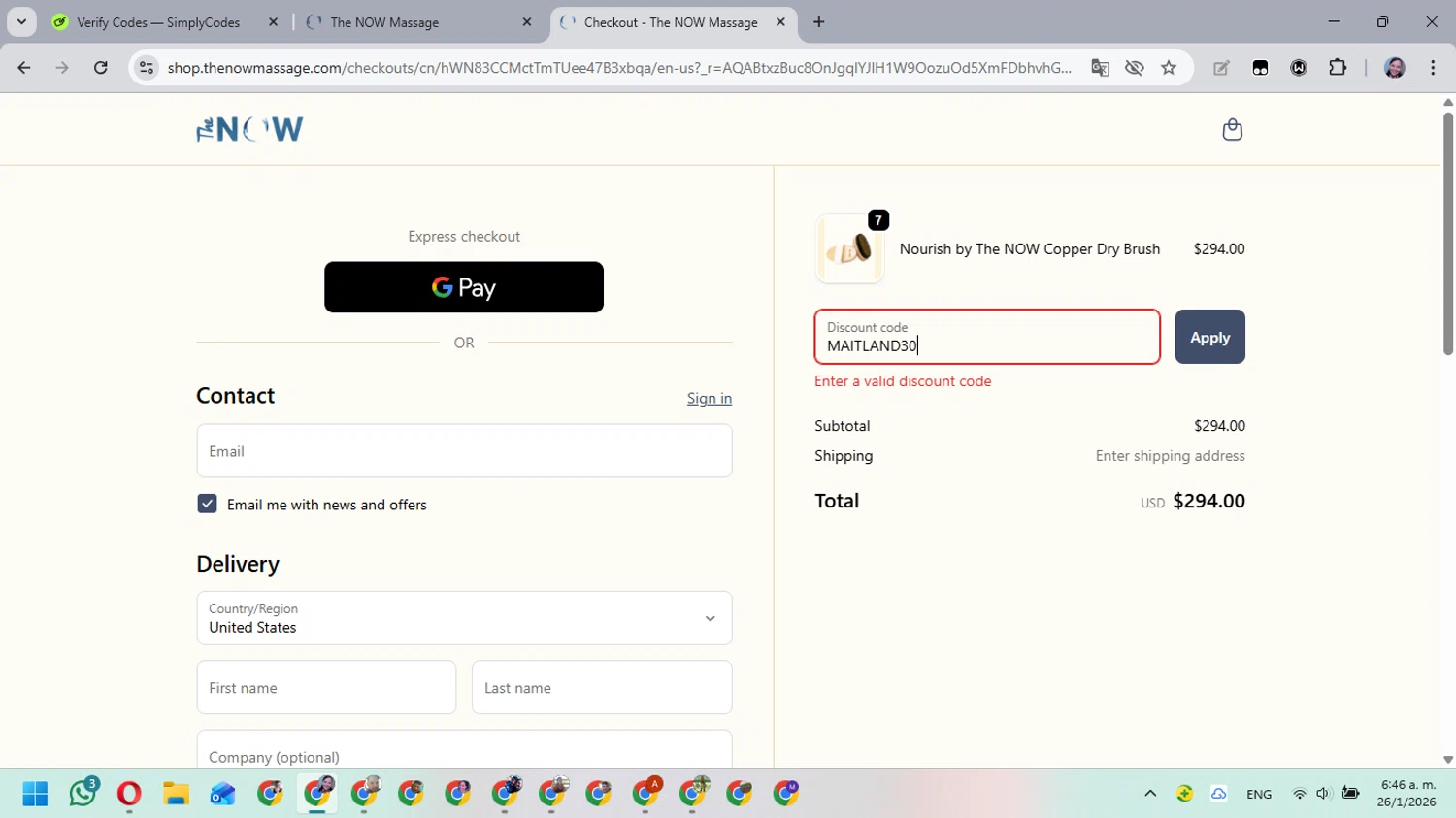 The Now Massage promo code screenshot showing code MAITLAND30 applied at The Now Massage checkout page. Uploaded by SimplyCodes community member MarielisPb on Jan 26, 2026