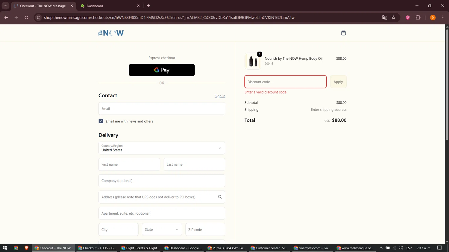 The Now Massage promo code screenshot showing code DUNWOODY20 applied at The Now Massage checkout page. Uploaded by SimplyCodes community member ShieldMaestro9172 on Jan 26, 2026