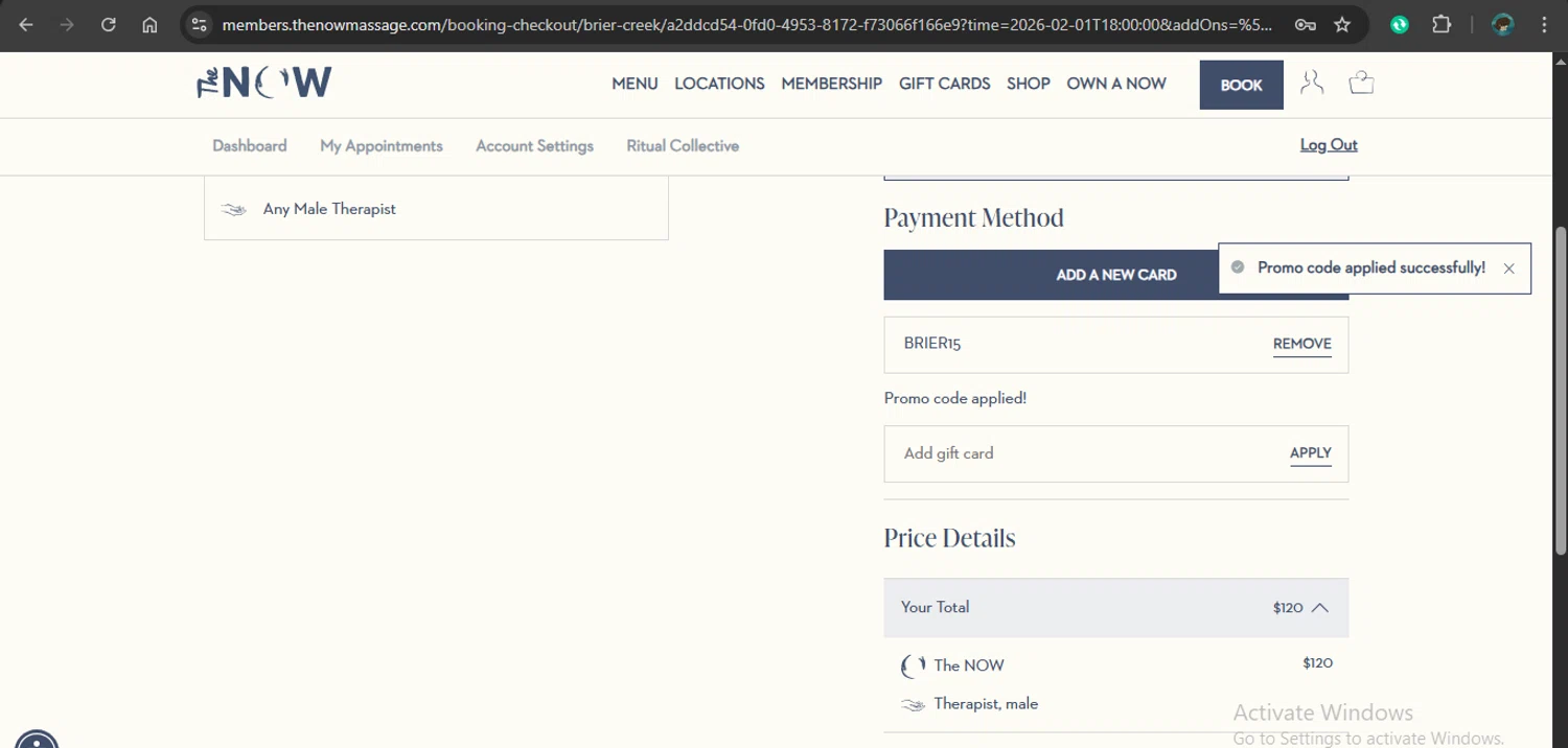 The Now Massage checkout page showing The Now Massage promo code box | Screenshot taken by SimplyCodes community member on Jan 31, 2026