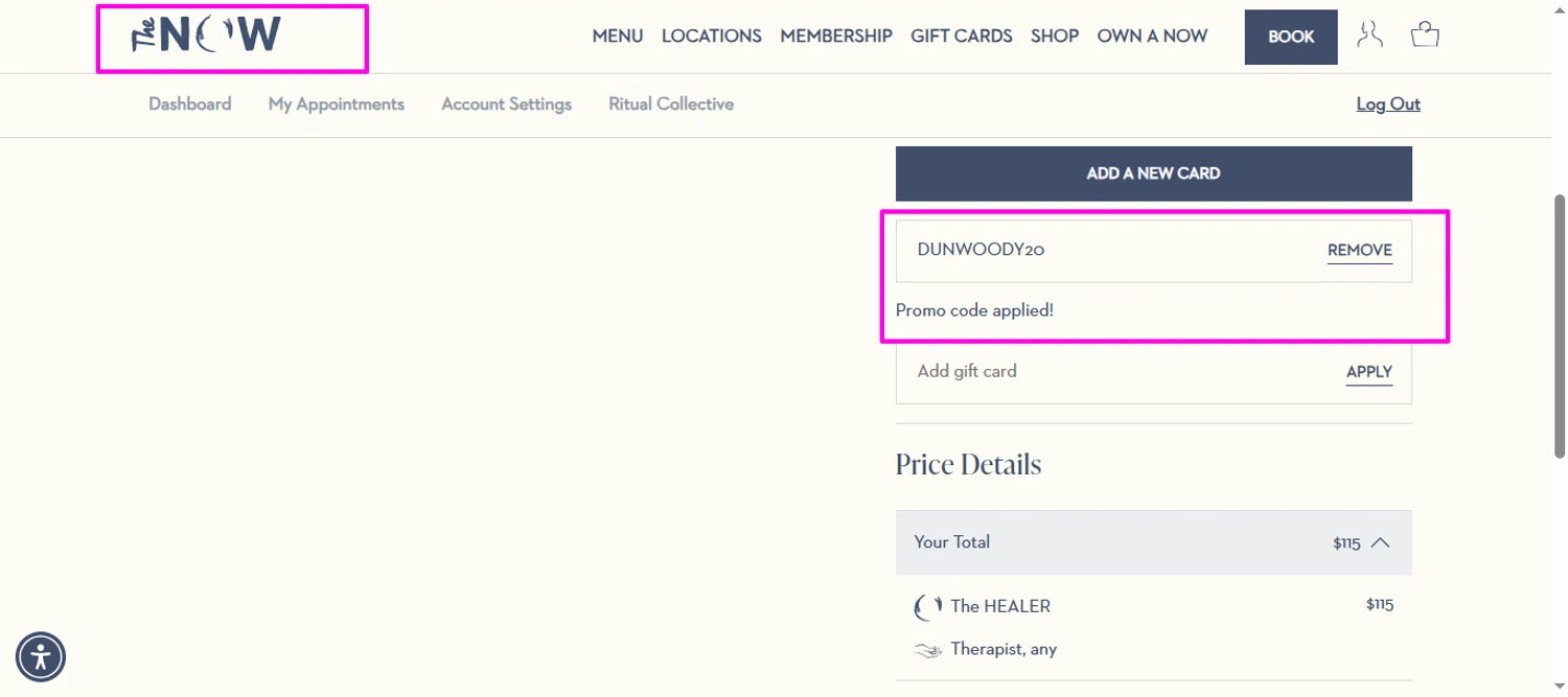 The Now Massage promo code screenshot showing code DUNWOODY20 applied at The Now Massage checkout page. Uploaded by SimplyCodes community member mrdarcy on Jan 26, 2026