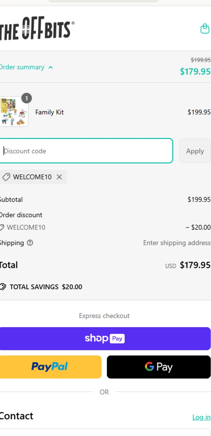 The OFFBITS promo code screenshot showing code WELCOME10 applied at The OFFBITS checkout page. Uploaded by SimplyCodes community member FundoEsperanza on Mar 29, 2025
