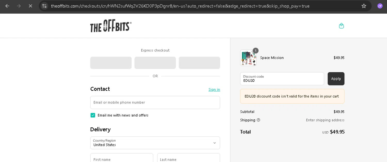 The OFFBITS promo code screenshot showing code EDU20 applied at The OFFBITS checkout page. Uploaded by SimplyCodes community member BonusPro7395 on Sep 12, 2025