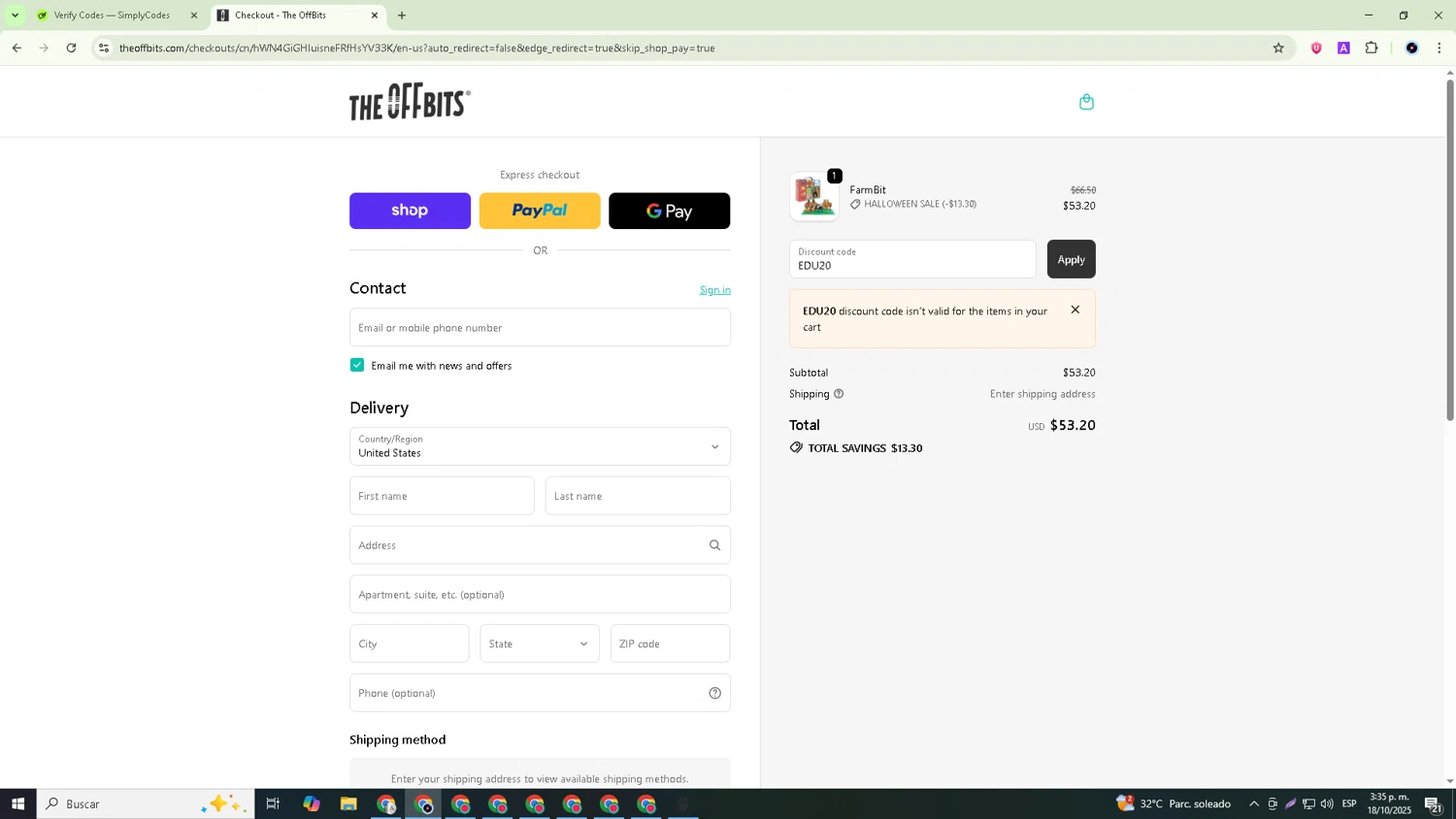The OFFBITS promo code screenshot showing code EDU20 applied at The OFFBITS checkout page. Uploaded by SimplyCodes community member GoldRanger7074 on Oct 18, 2025