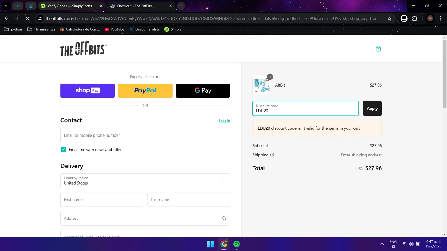 The OFFBITS promo code screenshot showing code EDU20 applied at The OFFBITS checkout page. Uploaded by SimplyCodes community member Maocar on Feb 25, 2025