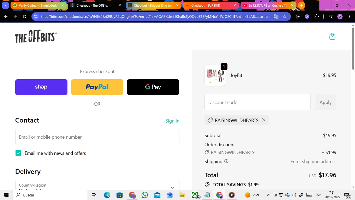 The OFFBITS promo code screenshot showing code raisingwildhearts applied at The OFFBITS checkout page. Uploaded by SimplyCodes community member ENCARAMESSI on Dec 28, 2025