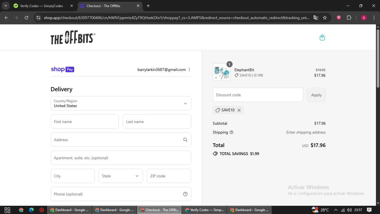 The OFFBITS promo code screenshot showing code save10 applied at The OFFBITS checkout page. Uploaded by SimplyCodes community member SwiftSage1747 on Aug 13, 2025