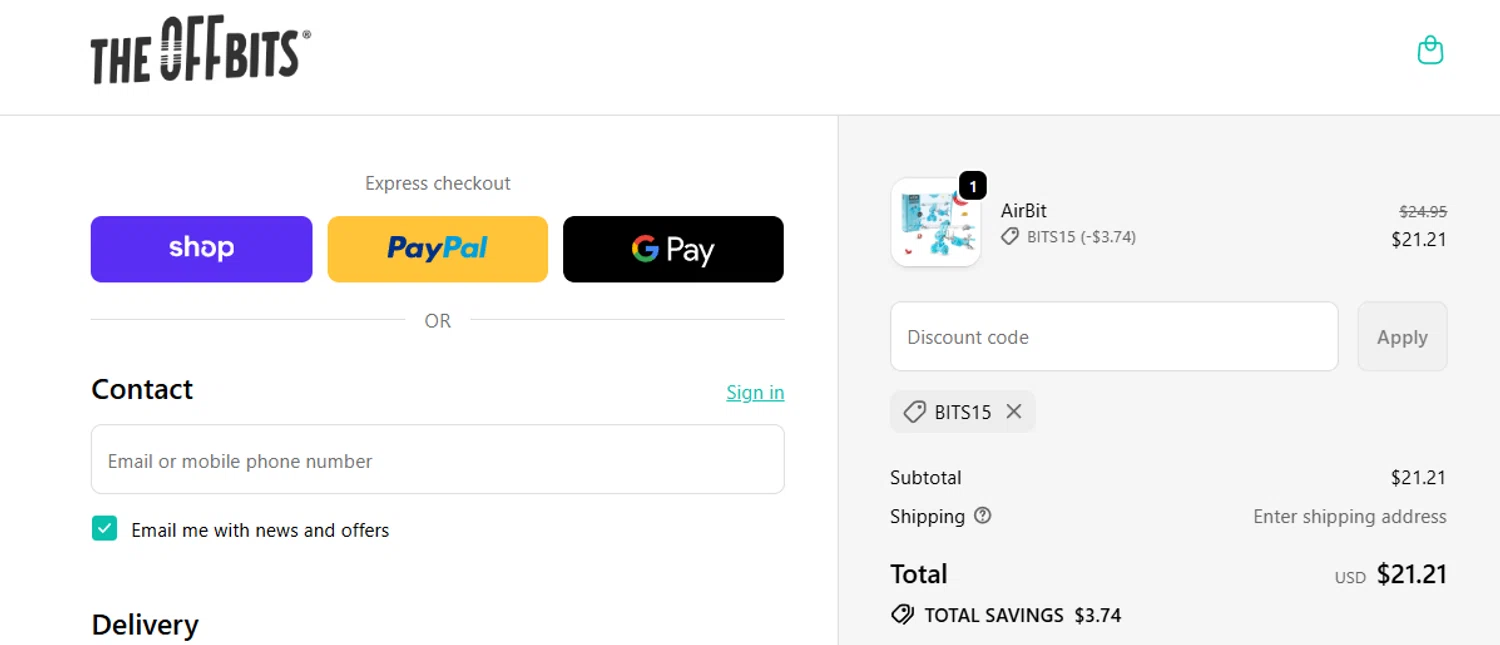 The OFFBITS promo code screenshot showing code BITS15 applied at The OFFBITS checkout page. Uploaded by SimplyCodes community member jesspea on Dec 16, 2025