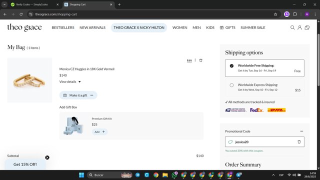 Theo Grace checkout page showing Theo Grace promo code box | Screenshot taken by SimplyCodes community member on Aug 29, 2025